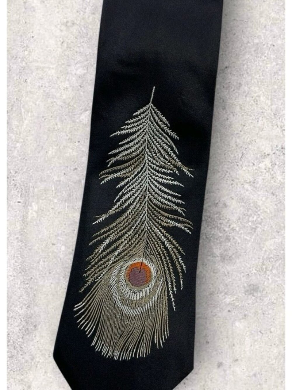 PRADA RARE Silk Tie ITALY XL Black Beige Orange Feather W:3.6" EUC - Picture 5 of 5